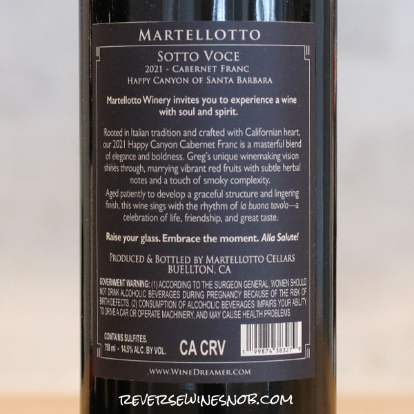 Martellotto 2021 "Sotto Voce" Cabernet Franc 3 Bottles SUMMER HOLD
