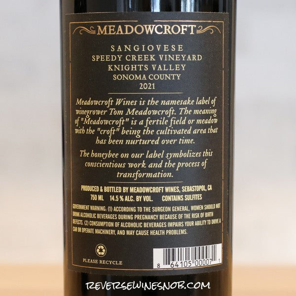 Meadowcroft Speedy Creek Knights Valley Sangiovese 2021 3 Bottles