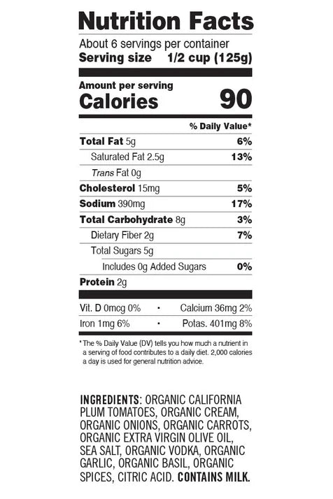 Sonoma Gourmet Organic Vodka Cream Nutrition