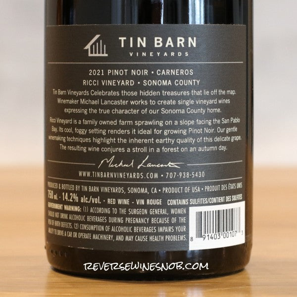 Tin Barn 2021 Ricci Vineyard Carneros Pinot Noir 3 bottles - SUMMER HOLD